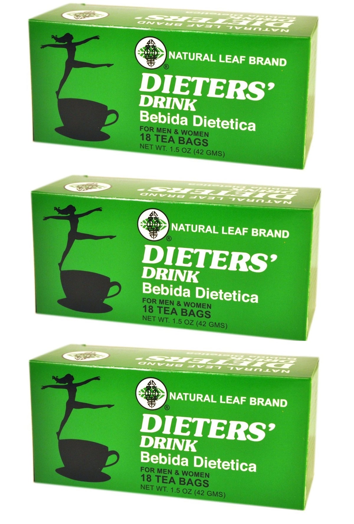 Leaf Natural Dieter Drink Tea boxes in a 3-pack, ready for daily use.