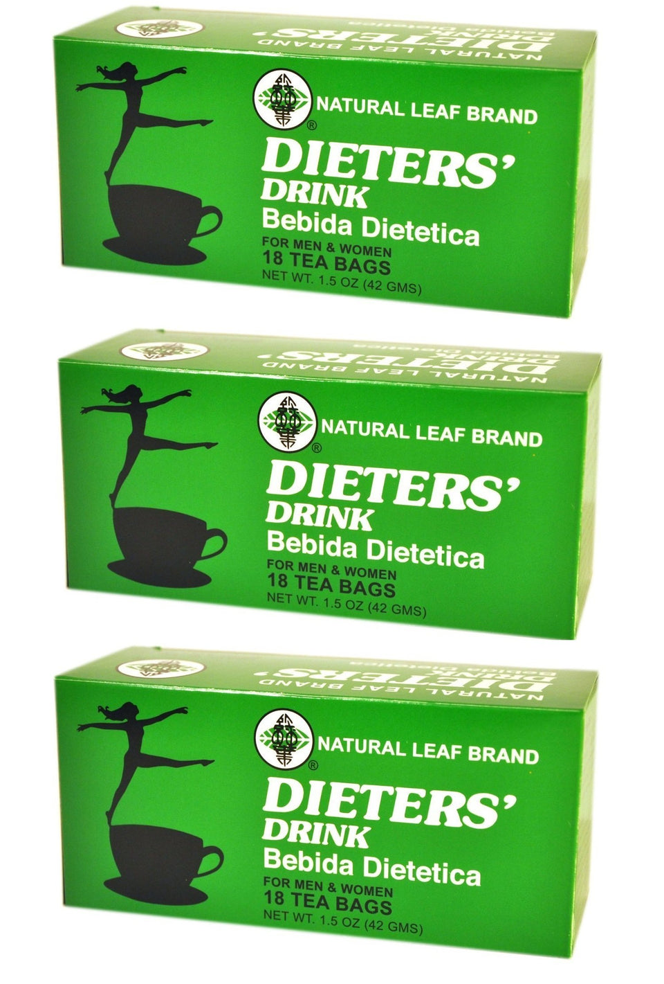 Leaf Natural Dieter Drink Tea boxes in a 3-pack, ready for daily use.
