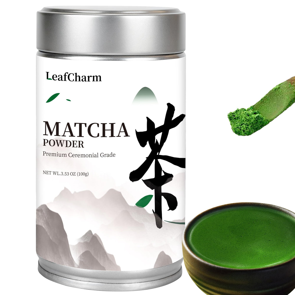 LeafCharm ceremonial matcha green powder in premium tin for vibrant flavor