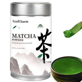 LeafCharm ceremonial matcha green powder in premium tin for vibrant flavor
