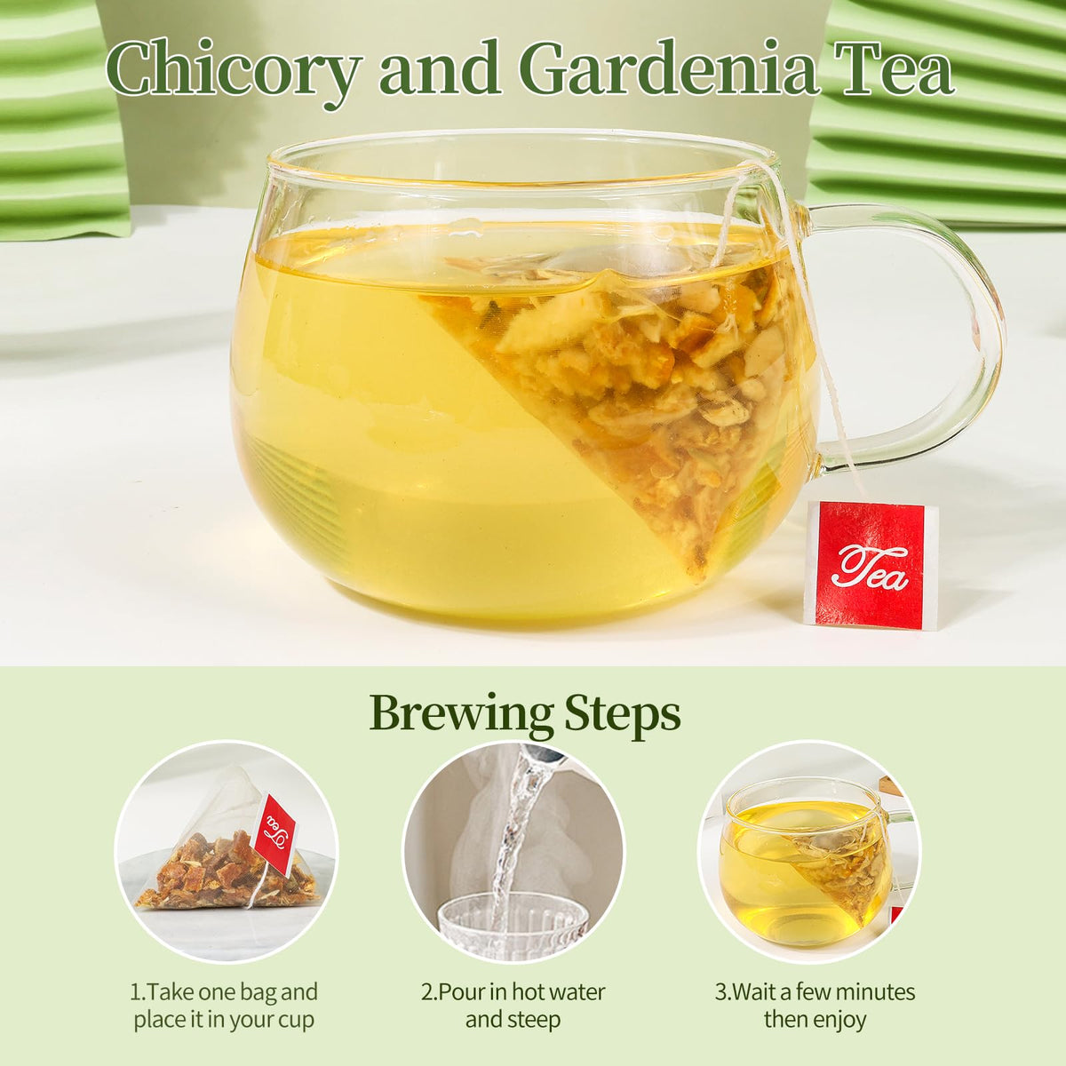 LEAFHAVEN Chicory and Gardenia Tea on a desk, easy home or office ritual.