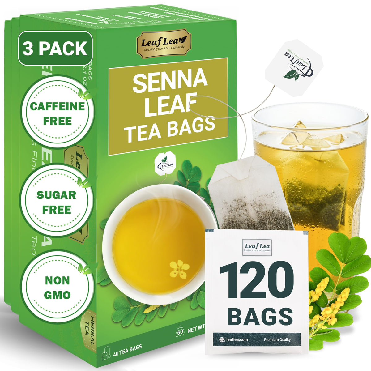 LeafLea 120 Senna tea bags in a box showing gentle digestion support.