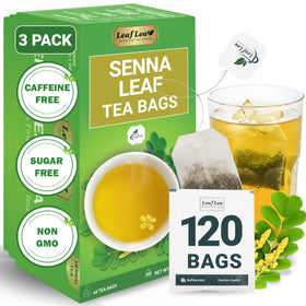 LeafLea 120 Senna tea bags in a box showing gentle digestion support.