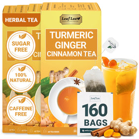 LeafLea 160 Ginger Turmeric Tea Bags packaging shows natural ingredients and caffeine-free comfort.