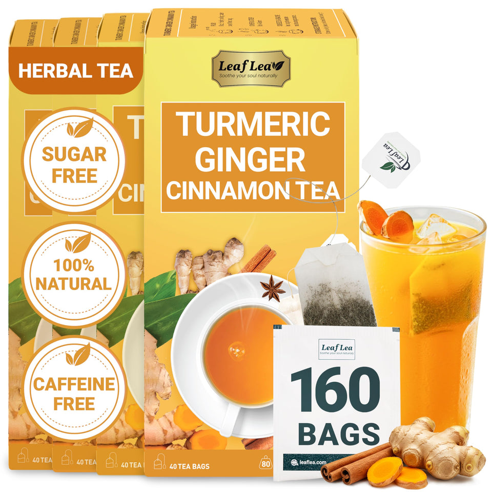 LeafLea 160 Ginger Turmeric Tea Bags packaging shows natural ingredients and caffeine-free comfort.