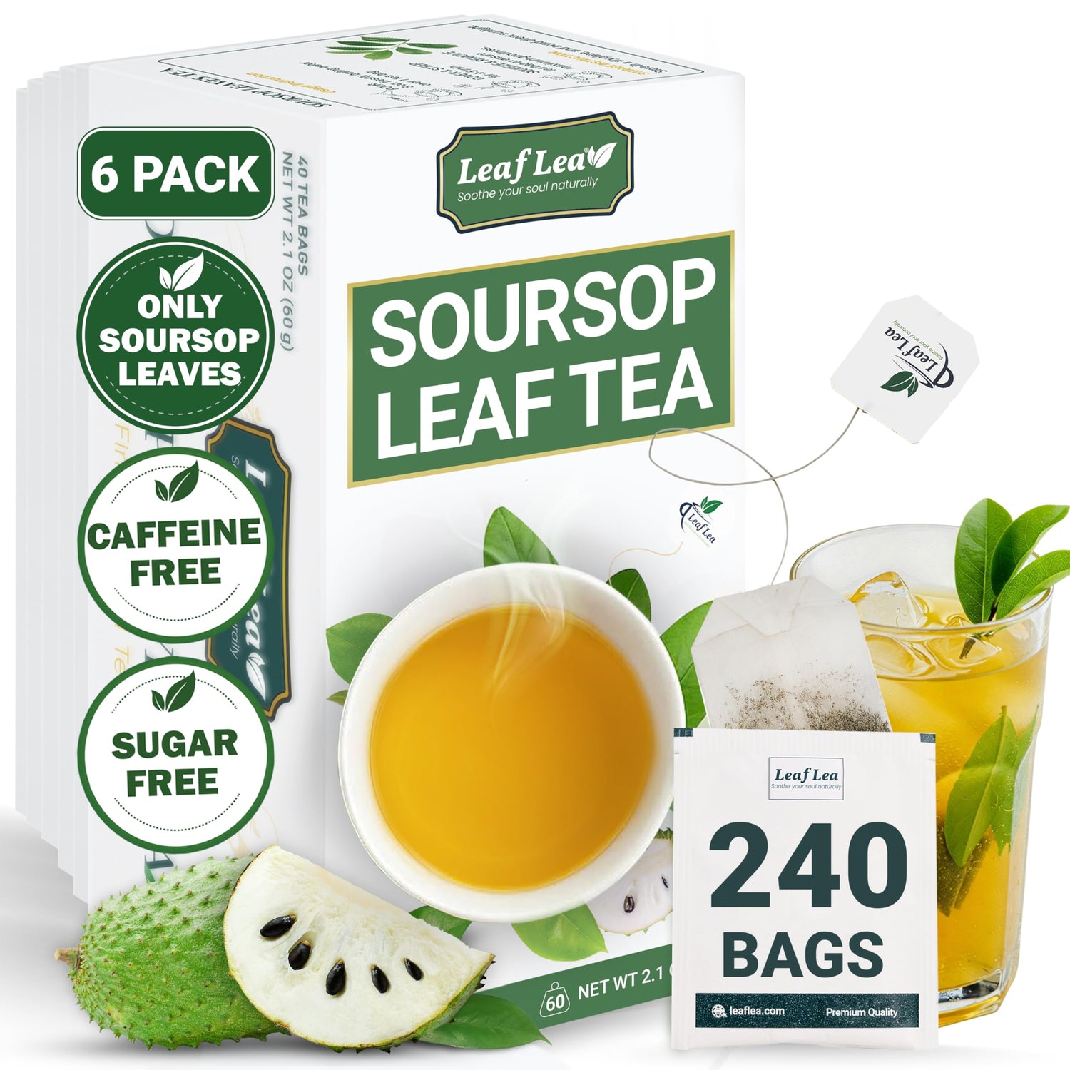 LeafLea 240 Premium Soursop Tea Bags packaging for convenient, caffeine-free brewing.