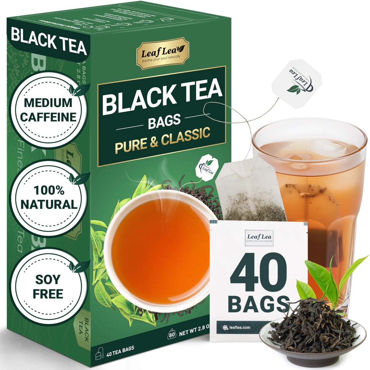 LeafLea 40 Black Tea Bags packaging, travel-ready for daily rituals.