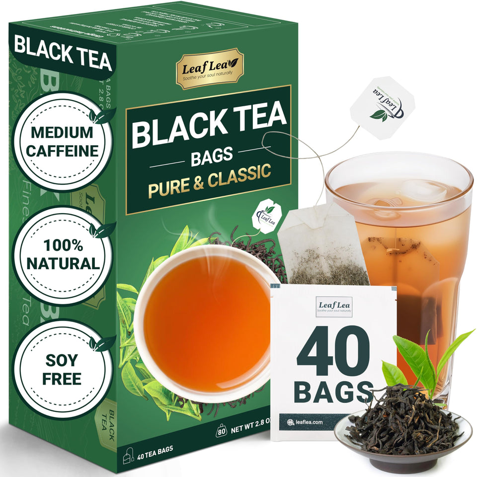 LeafLea 40 Black Tea Bags packaging, travel-ready for daily rituals.