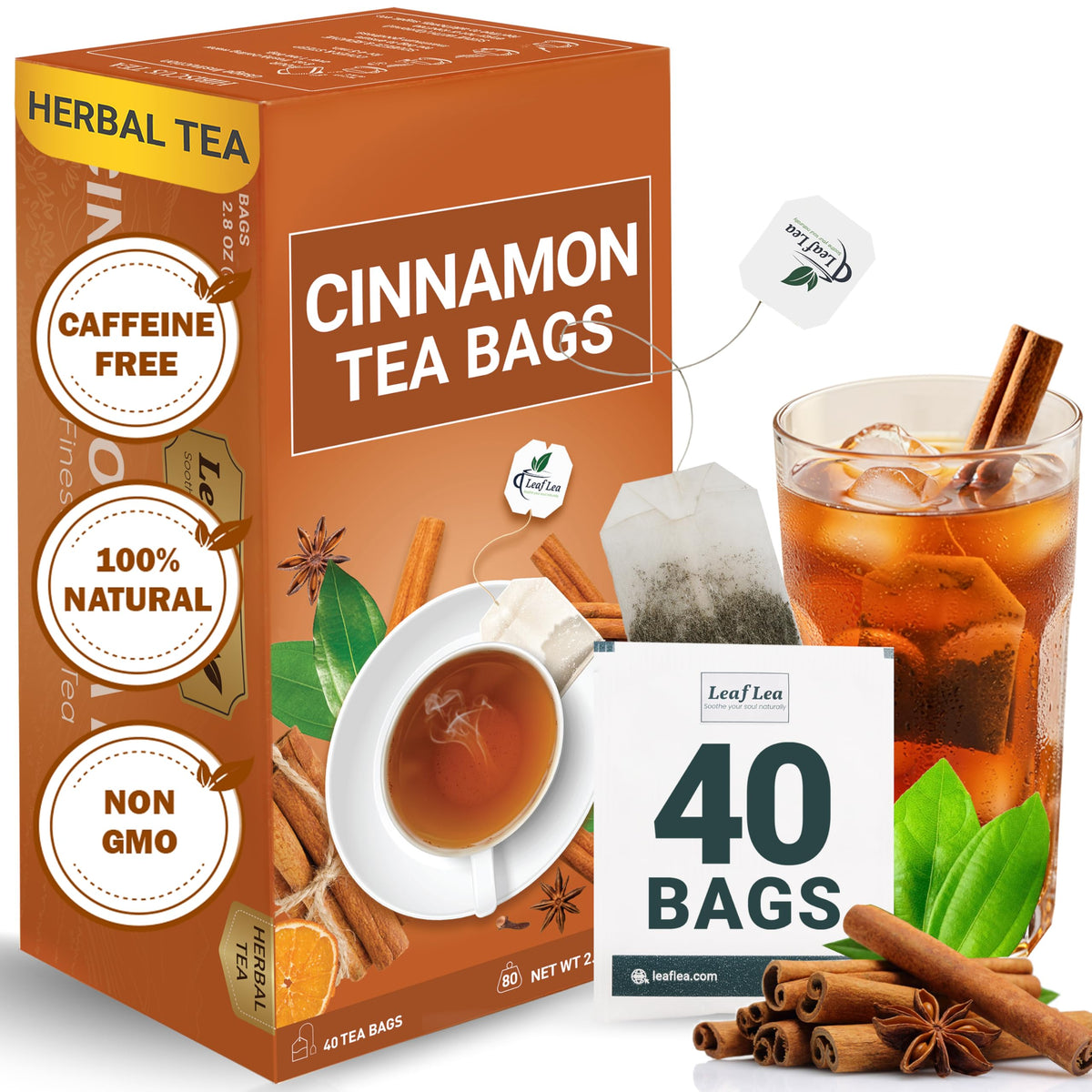 LeafLea 40 Cinnamon Tea Bags box, convenient packaging for daily use.