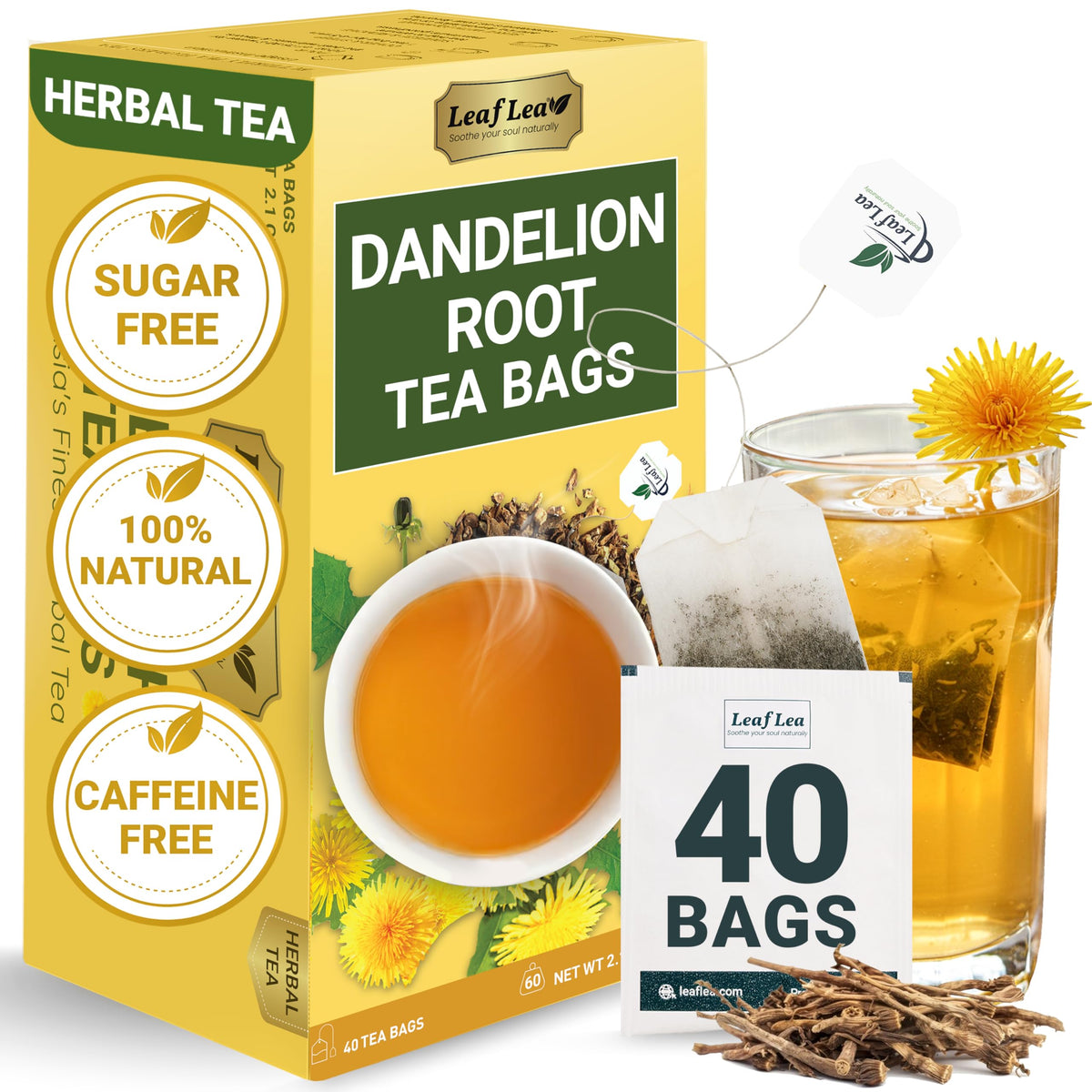 LeafLea 40 Dandelion Root Tea Bags packaging ready for gifting and daily sipping.