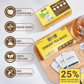 LeafLea Ginger Tea Bags steeping in hot water release warming aroma.