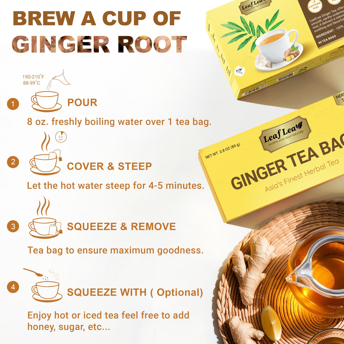 LeafLea Ginger Tea Bags individually wrapped preserve freshness and flavor.