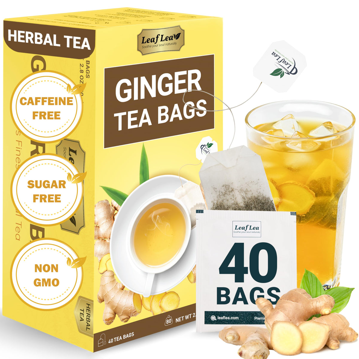 LeafLea 40 Ginger Tea Bags packaging highlights pure ginger flavor and freshness.