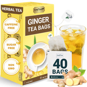 LeafLea 40 Ginger Tea Bags packaging highlights pure ginger flavor and freshness.