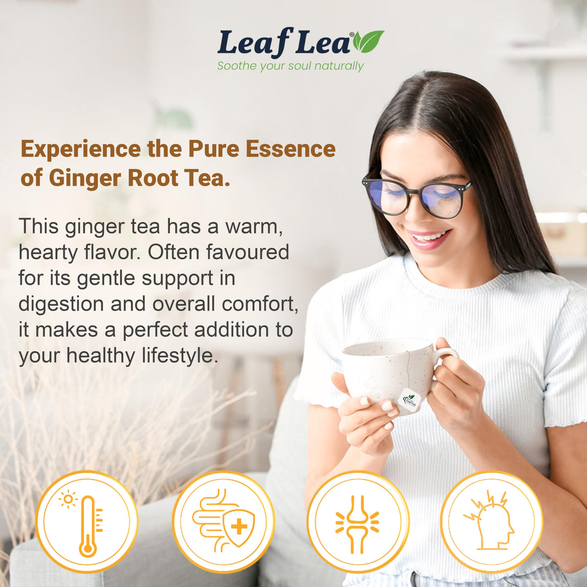 LeafLea 40 Ginger Tea Bags steaming cup delivers cozy, spicy notes.