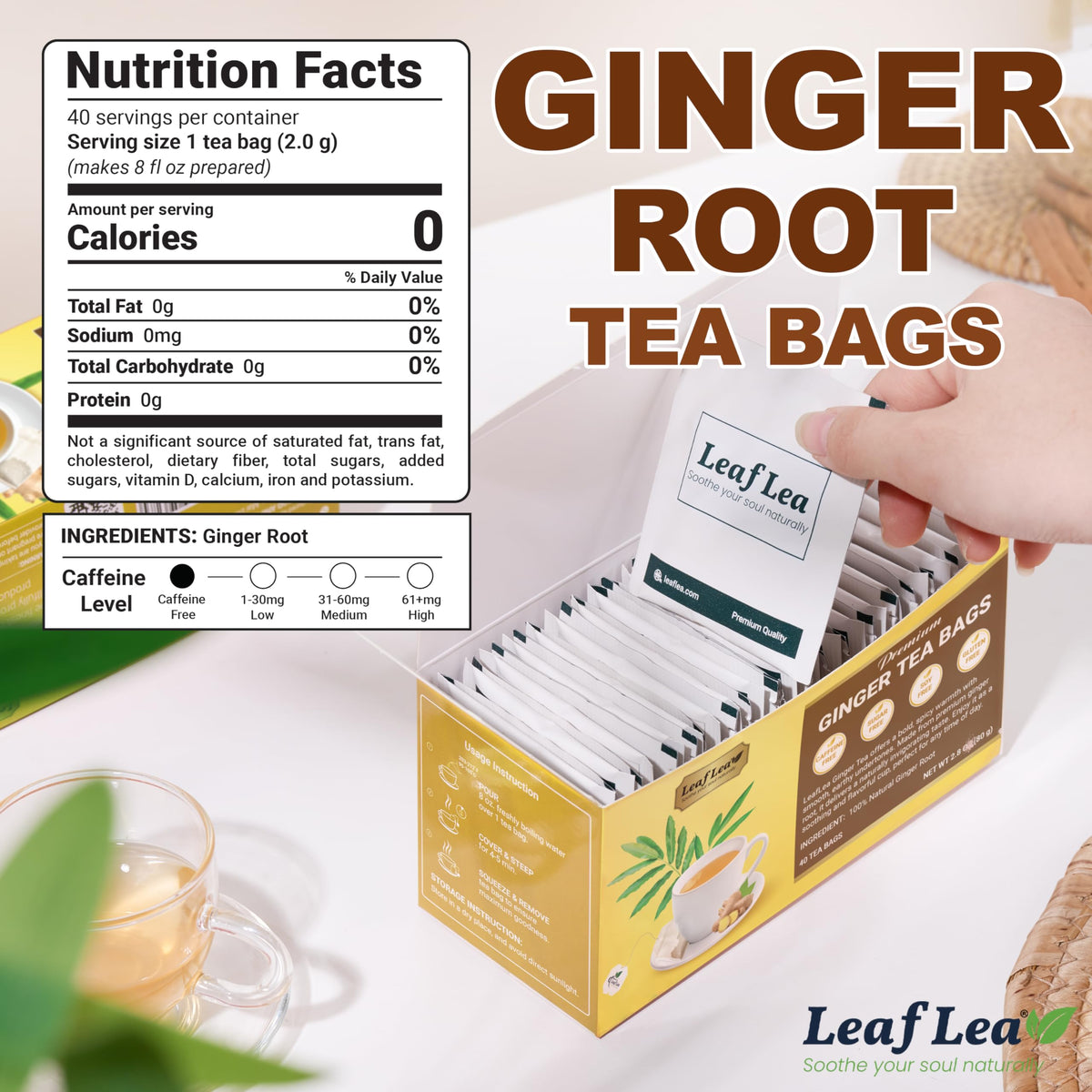 LeafLea 40 Ginger Tea Bags dried ginger root close-up emphasizes natural ingredients.