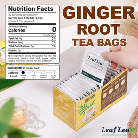 LeafLea 40 Ginger Tea Bags dried ginger root close-up emphasizes natural ingredients.