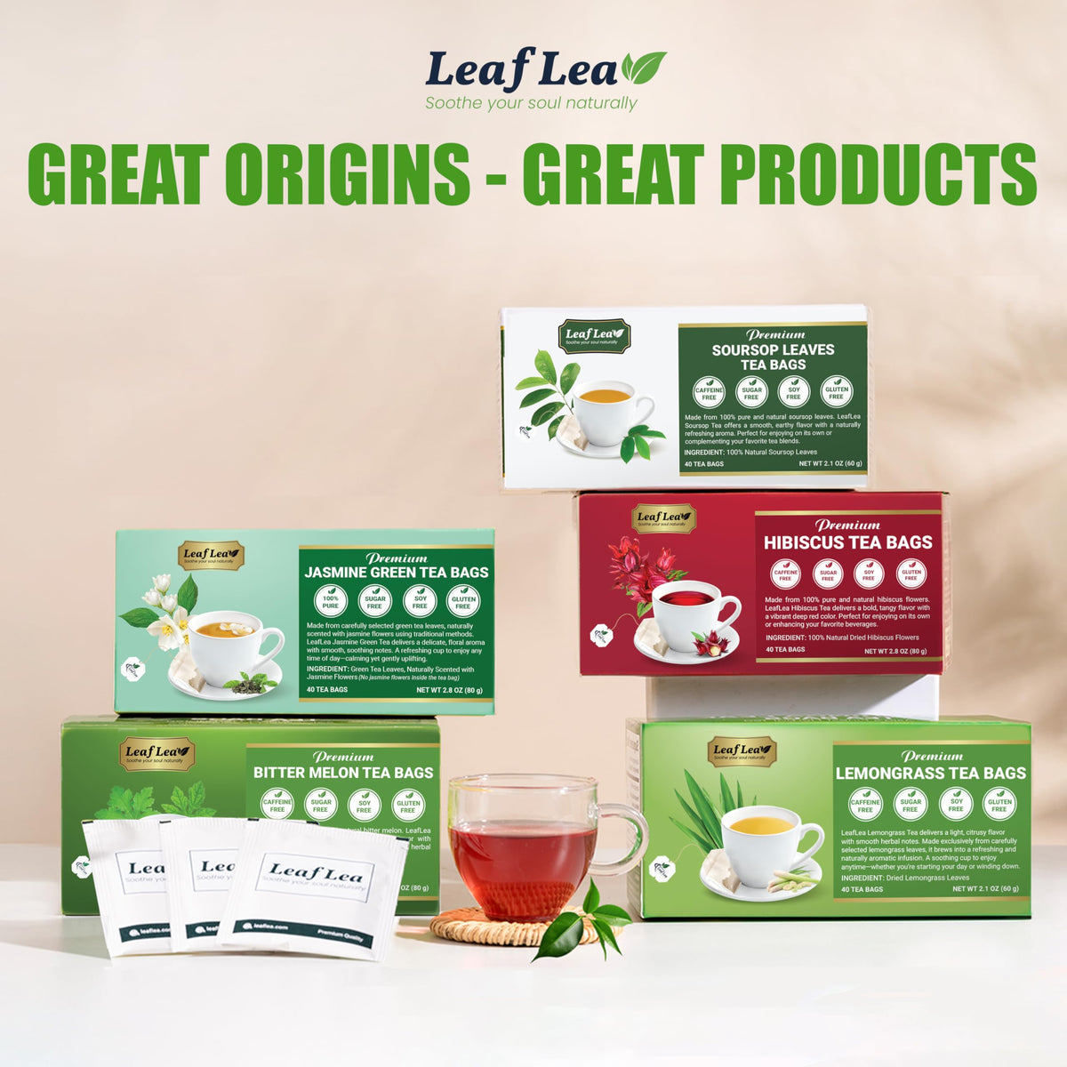 LeafLea product shot shows premium green tea.