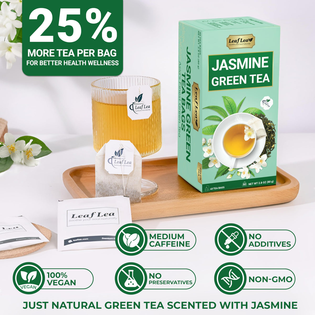 LeafLea jasmine tea bag angled view for tasting notes.