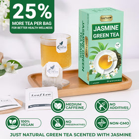 LeafLea jasmine tea bag angled view for tasting notes.