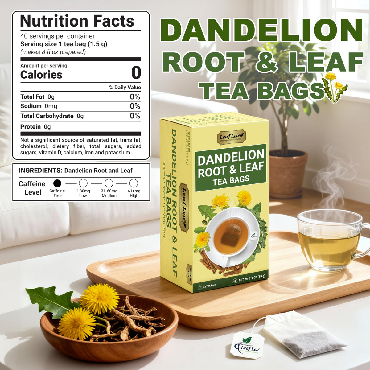 LeafLea 80-dandelion tea bags inside box, convenient two-pack.