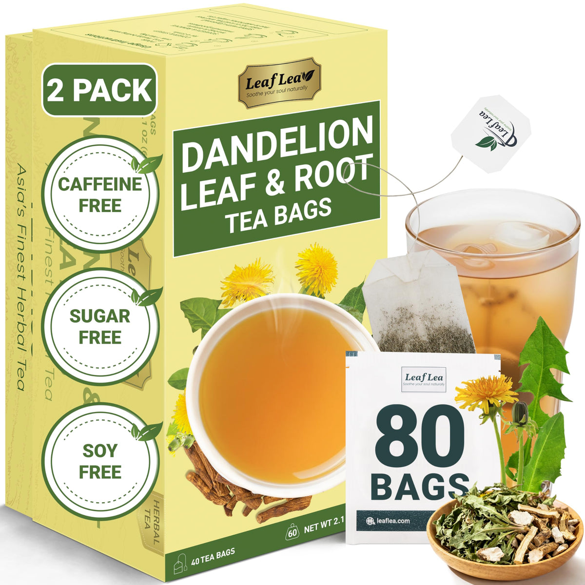 LeafLea 80-dandelion tea bags packaging front, caffeine-free herbal blend.