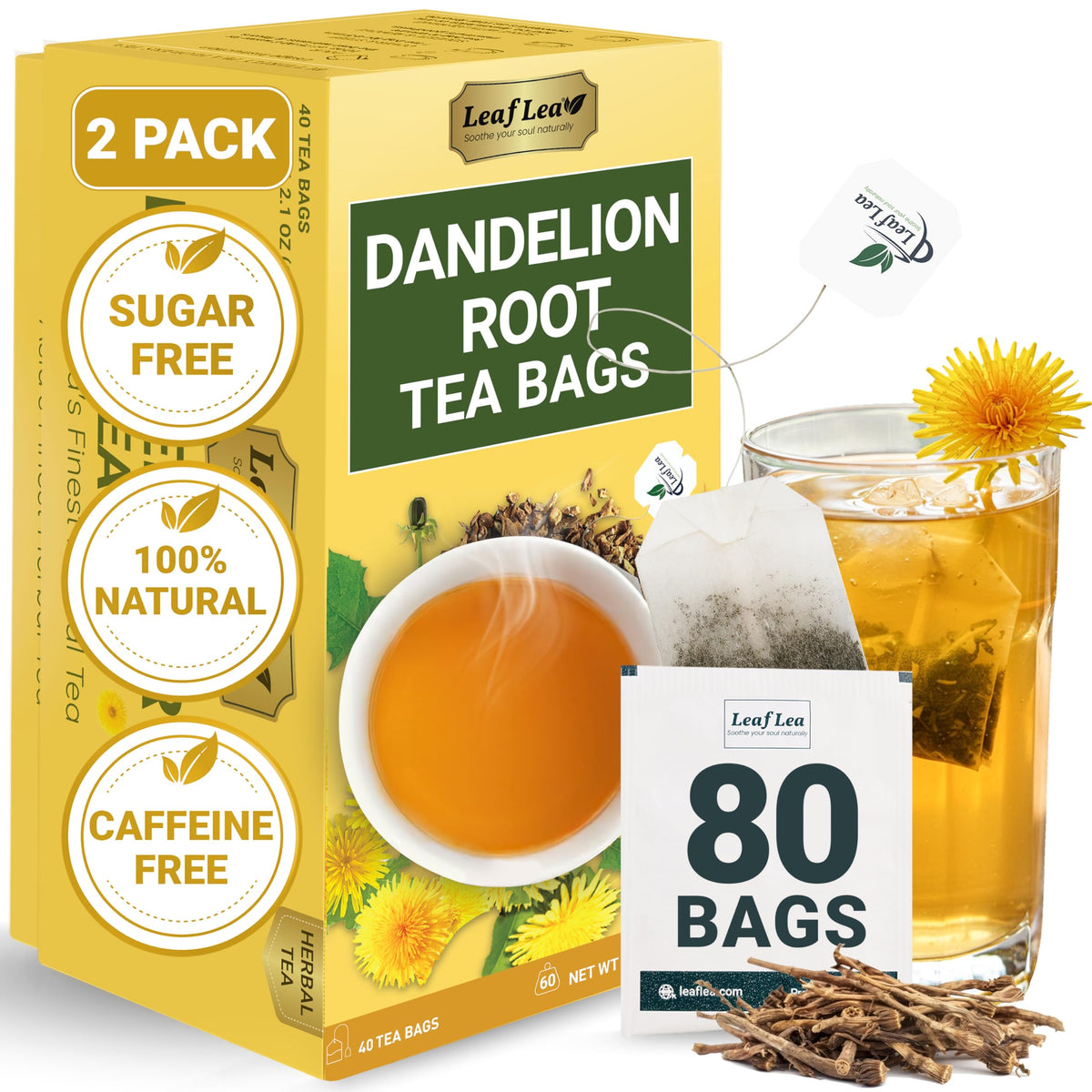LeafLea 80 Dandelion tea bags packaging preserves premium freshness