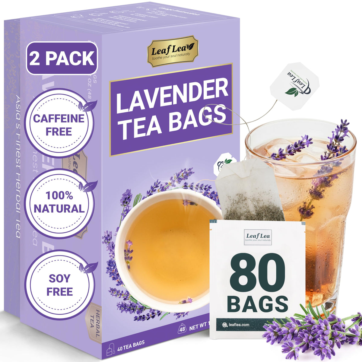 LeafLea 80 premium lavender tea bags on box showing pure lavender aroma for daily calm