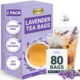 LeafLea 80 premium lavender tea bags on box showing pure lavender aroma for daily calm