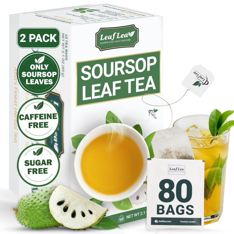 LeafLea 80 Soursop Tea Bags Box showing convenient, fresh brew for tea lovers.