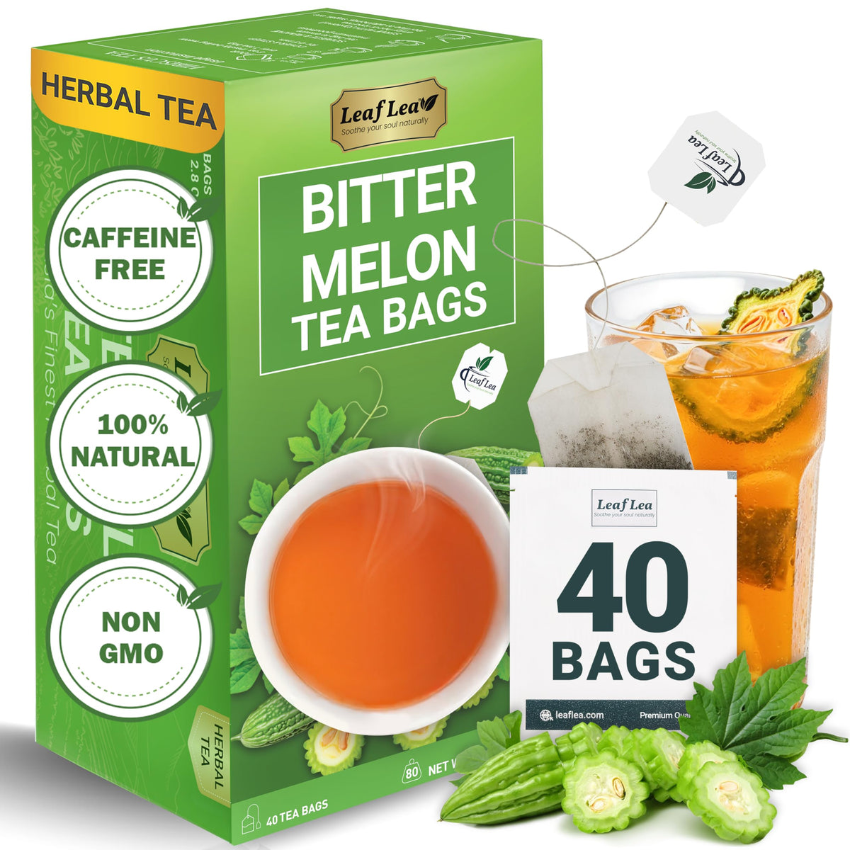 LeafLea bitter melon tea bags packaging showing natural, caffeine-free wellness.