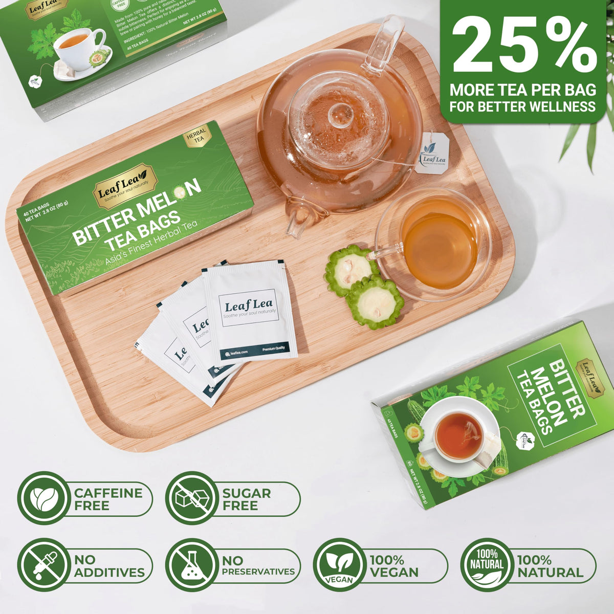LeafLea tea bags feature natural ingredients from pesticide-free farms