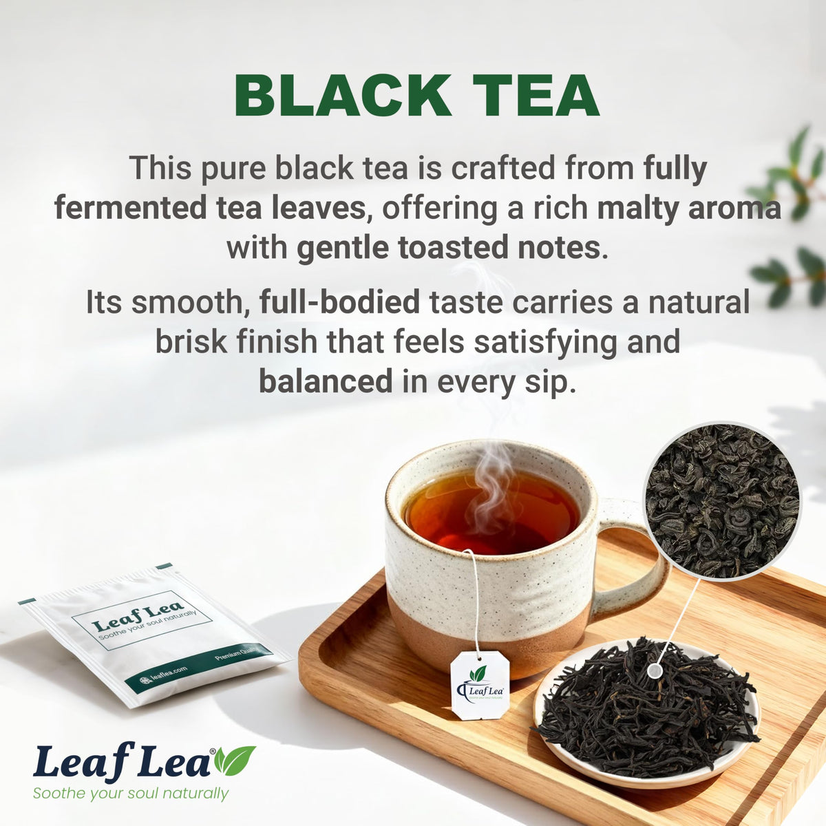 LeafLea black tea leaves oxidation process yields deep color and robust body.