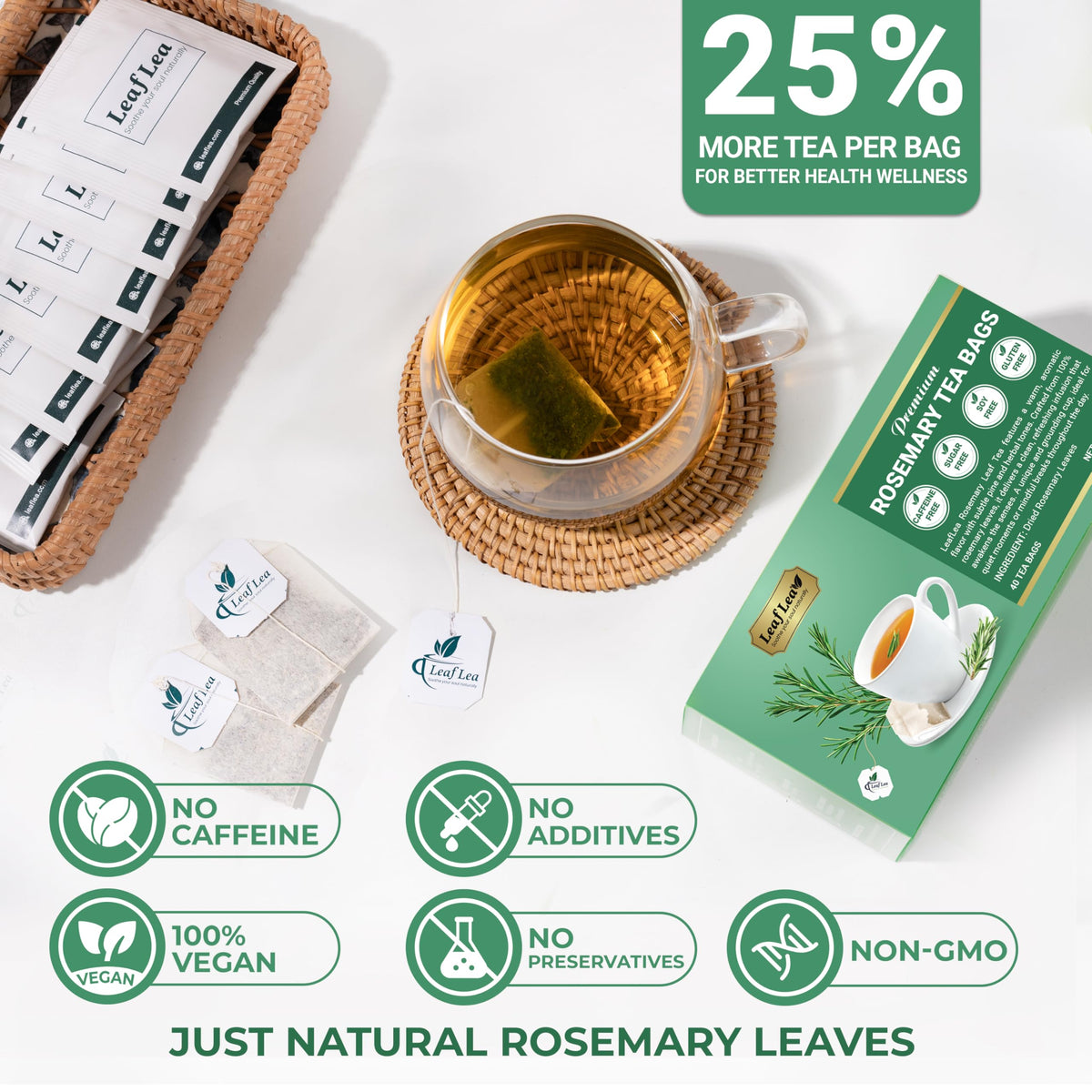 LeafLea brewed rosemary tea in cup releasing warm earthy aroma