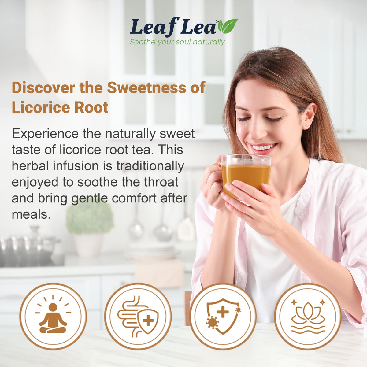 LeafLea brewed licorice tea in a steaming cup.