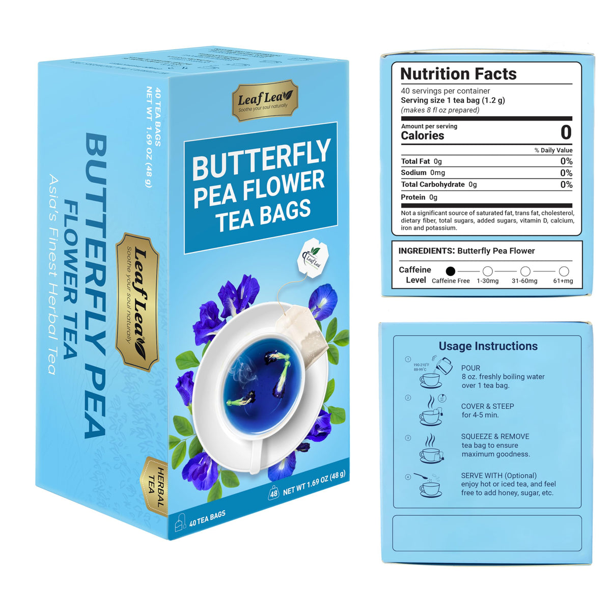 LeafLea Butterfly Pea Tea Bag steeping to release color.