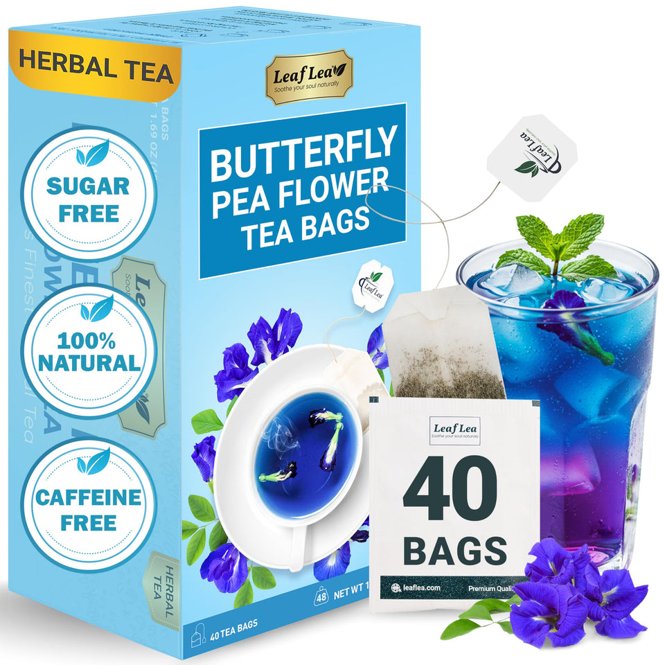 LeafLea Butterfly Pea Tea Bags for relaxing rituals with caffeine-free comfort.