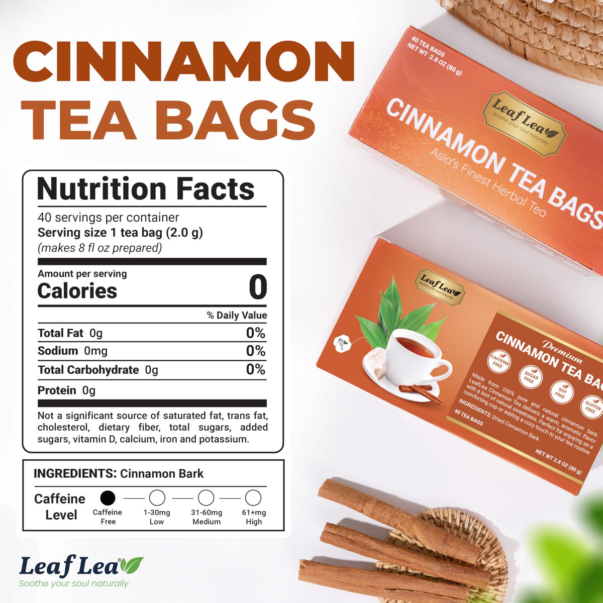 LeafLea cinnamon sticks ground texture highlighting 100% pure spices.