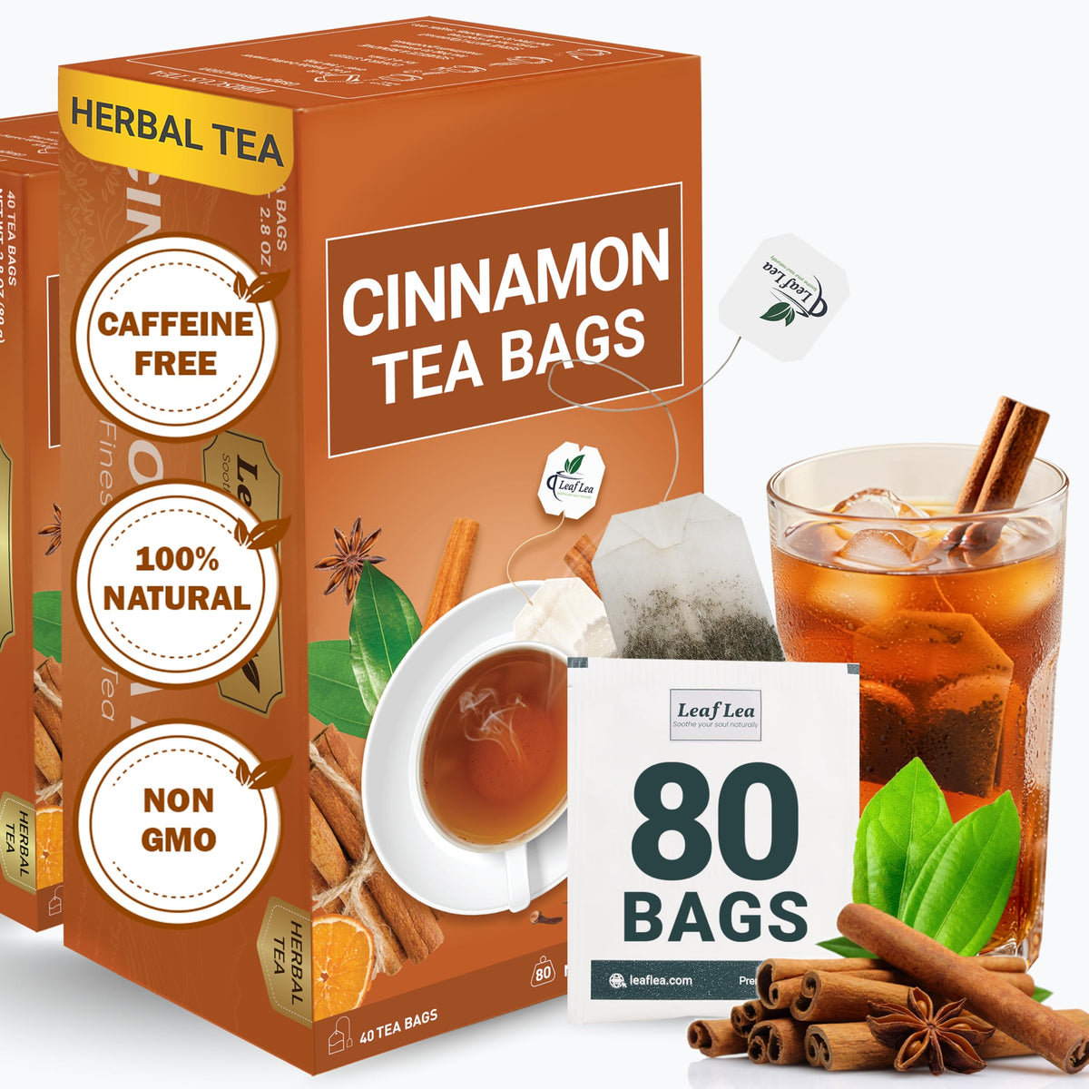 LeafLea Cinnamon Tea Bags box front showing an 80-count pack for daily warmth