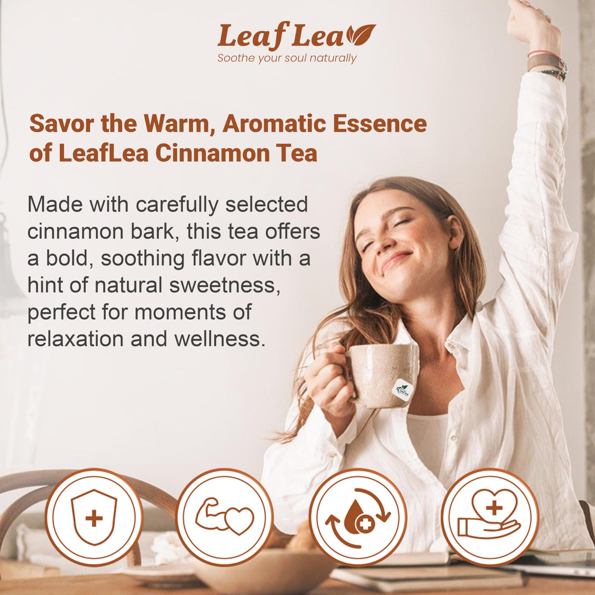 LeafLea Cinnamon Tea Bags steeping in hot water for a comforting caffeine-free moment