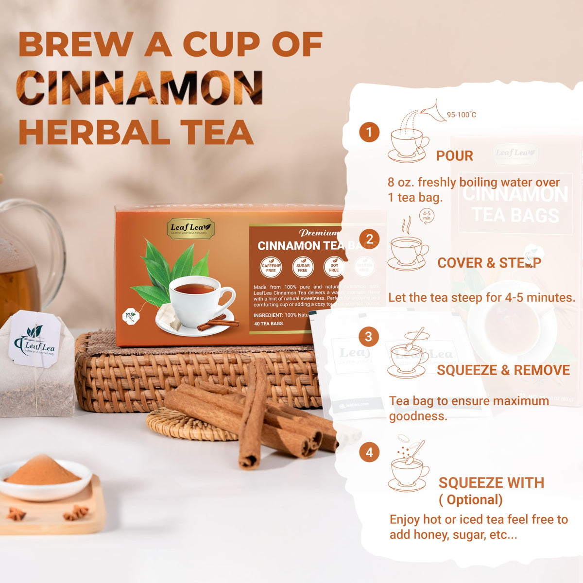 LeafLea cinnamon tea leaves close-up eye-catching ingredients.