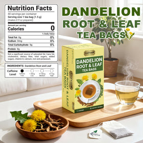 LeafLea dandelion leaf tea bag green notes, caffeine-free refreshment.