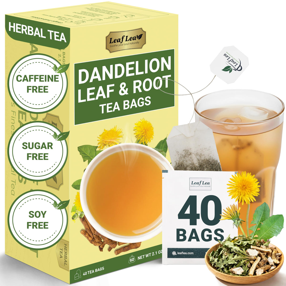 LeafLea dandelion root tea bag with roasted aroma, ideal after meals.