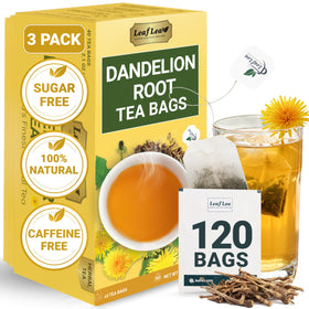 LeafLea Dandelion Root Tea Bags packaging highlights premium, eco-friendly presentation for daily wellness.
