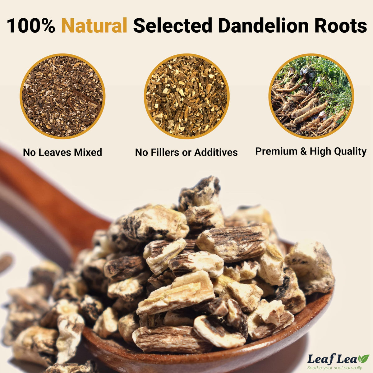 LeafLea dandelion tea brewed cup shows deep earthy notes for hot or iced enjoyment.