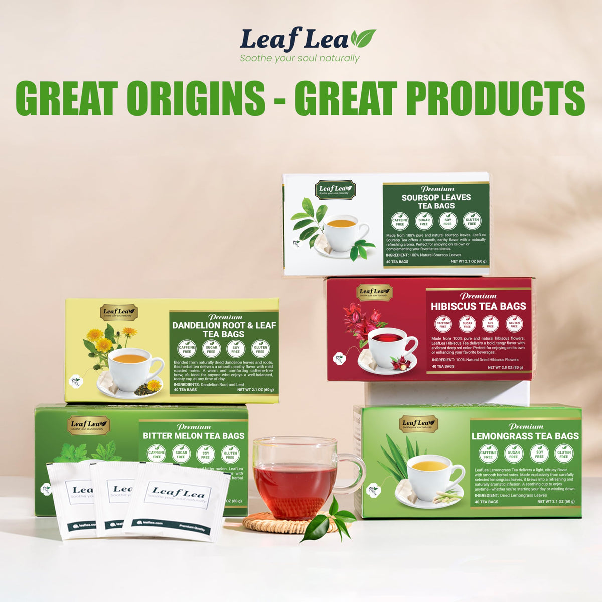 LeafLea dandelion tea bag label highlighting simple plant-based blend.