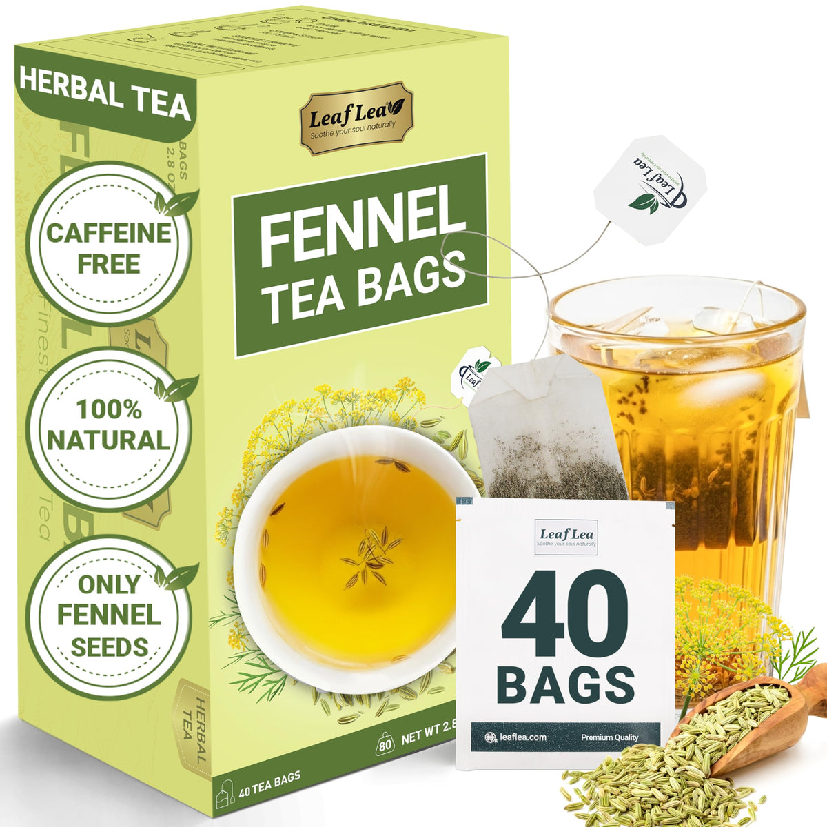 LeafLea fennel tea bags in packaging emphasize pure fennel for a gentle brew