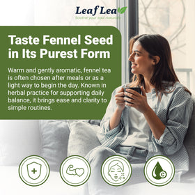 LeafLea fennel tea cup with steam shows a warm herbal aroma