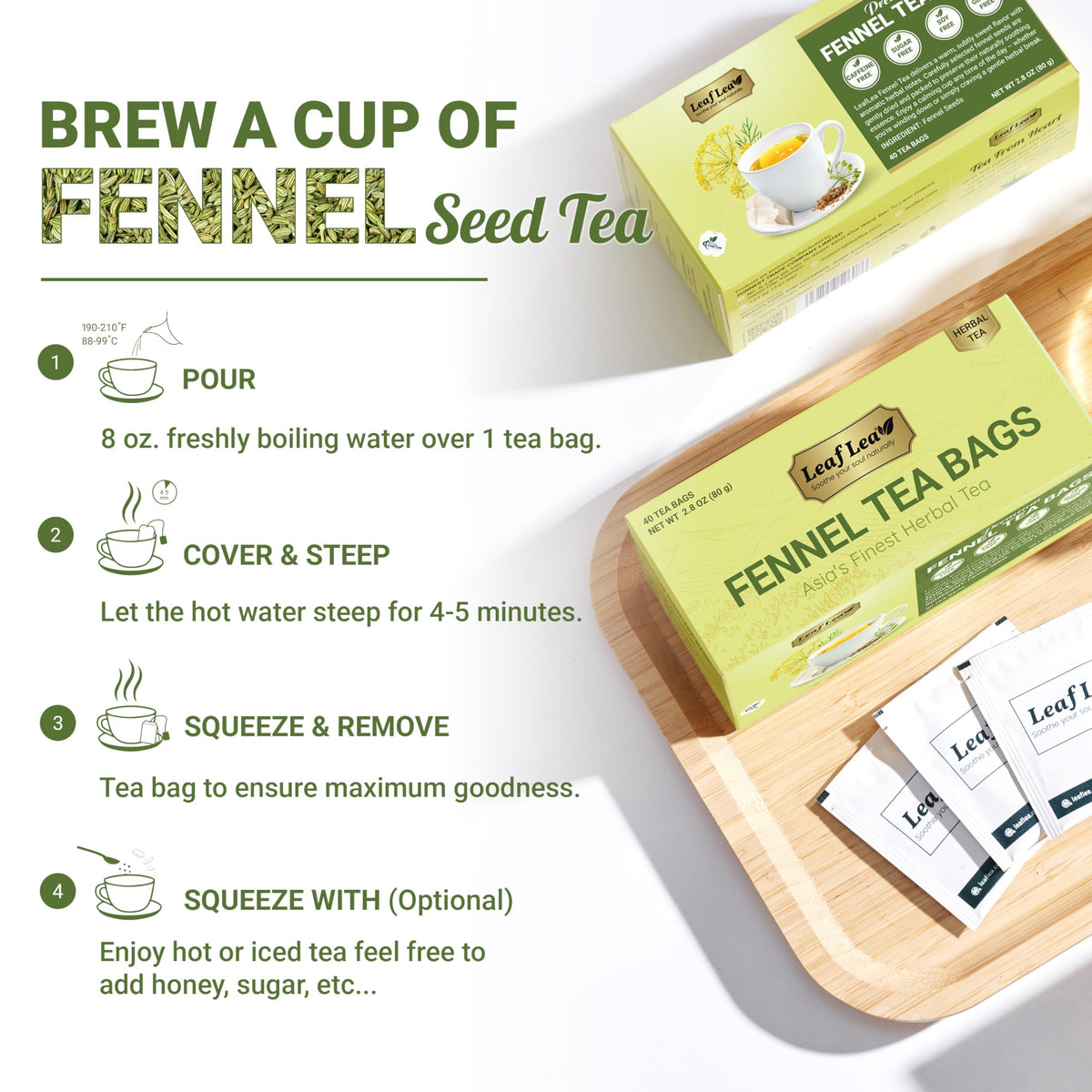Single-ingredient fennel showcase; LeafLea reinforces purity and everyday usability