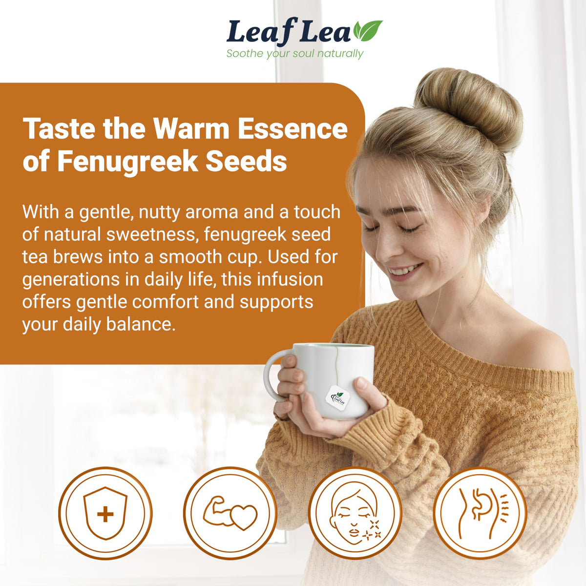 LeafLea fenugreek tea bag box showcases convenient, individually wrapped freshness for travel.